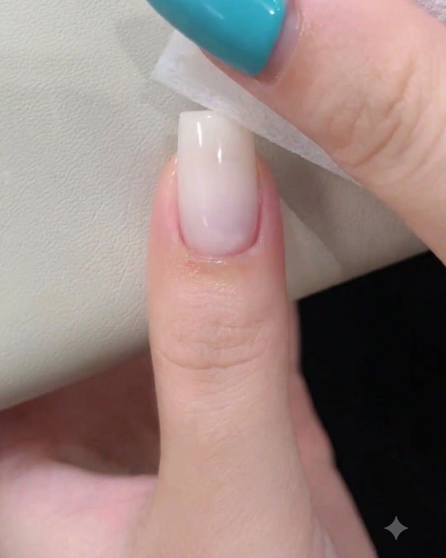 엄지손가락의 광택 있는 밀키 화이트 네일에 잔여물을 제거하기 위해 클렌징 와이프가 닿아 있는 모습.