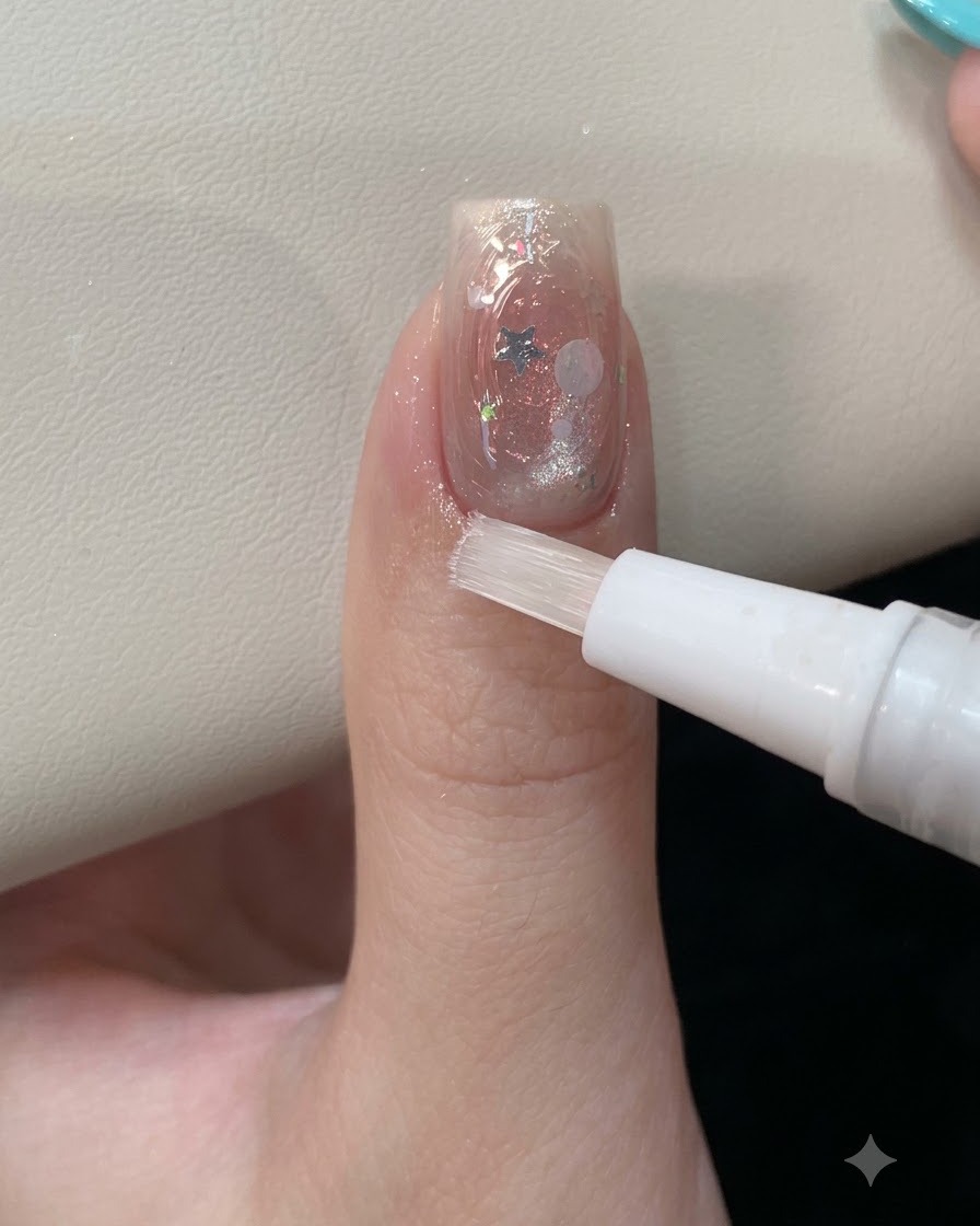 화이트 리바이탈라이징 브러시 펜이 아름답게 장식되고 완성된 젤 네일 주변 피부에 클리어 큐티클 오일을 바르는 모습.